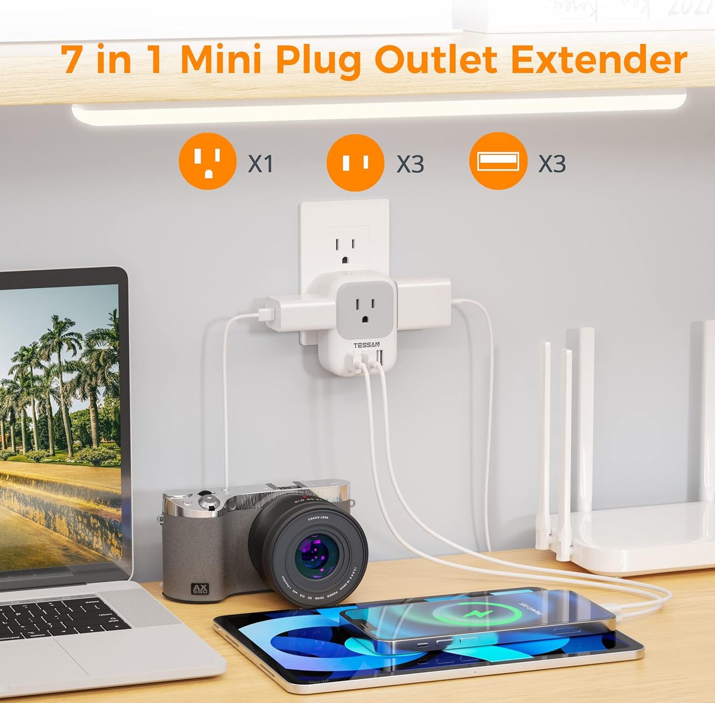 USB Charger Block, USB Plug Adapter with Electrical 4 Box Splitter 3 USB Wall Charger Ports, Multi Plug Outlet Extender Charging for Cruise, Travel, Office, Dorm Essentials